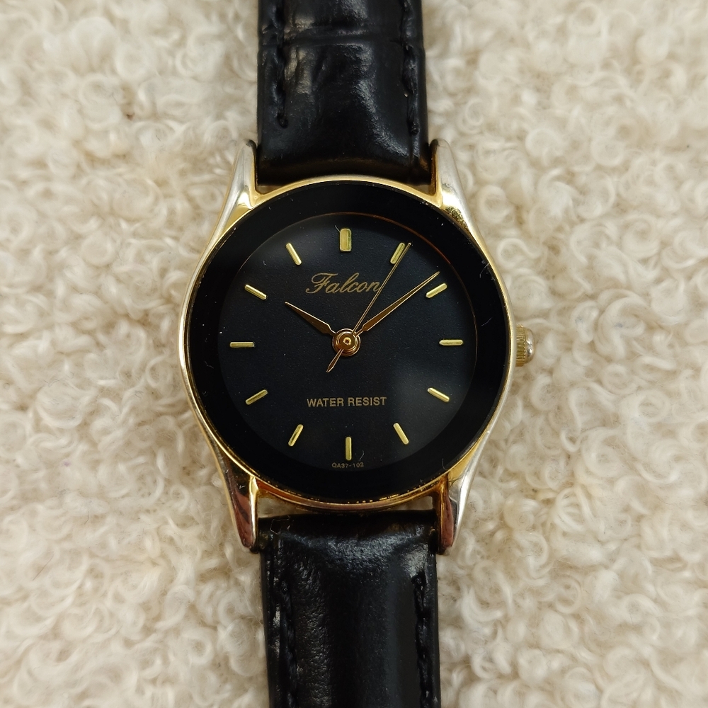Citizen Q&Q Falcon QA37-102 Ladies Watch Black Gold Dial Quartz 23mm Japan Made